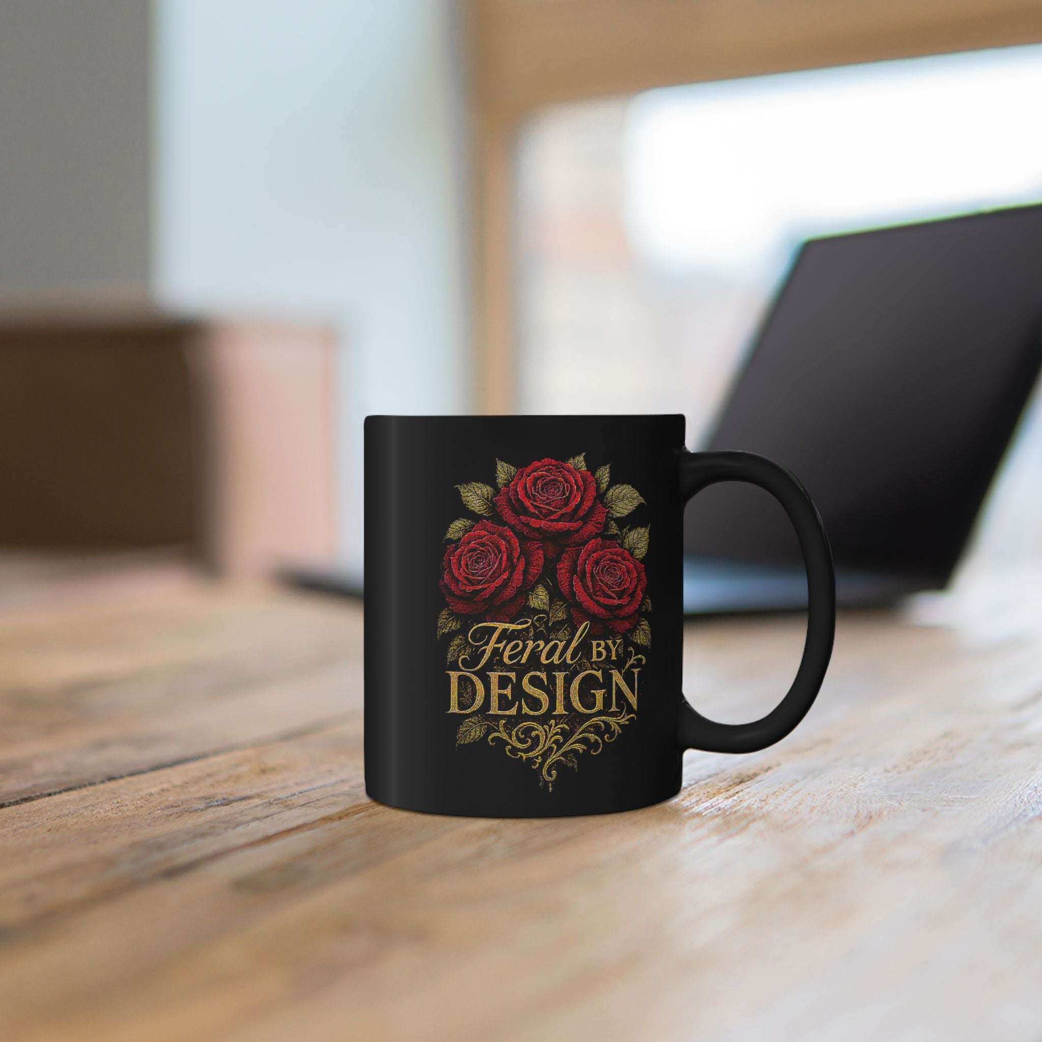 Feral by Design Black Coffee Mug – Red Rose Gothic Floral 11oz/15oz
