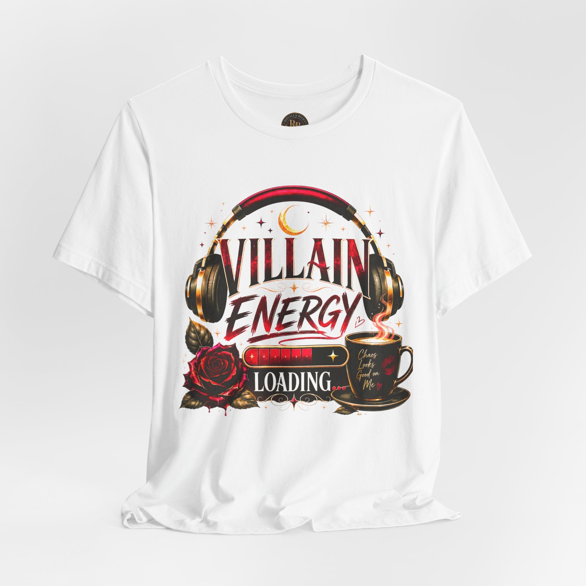 Villain Energy Loading T-Shirt — Funny Coffee & Headphones Graphic Tee