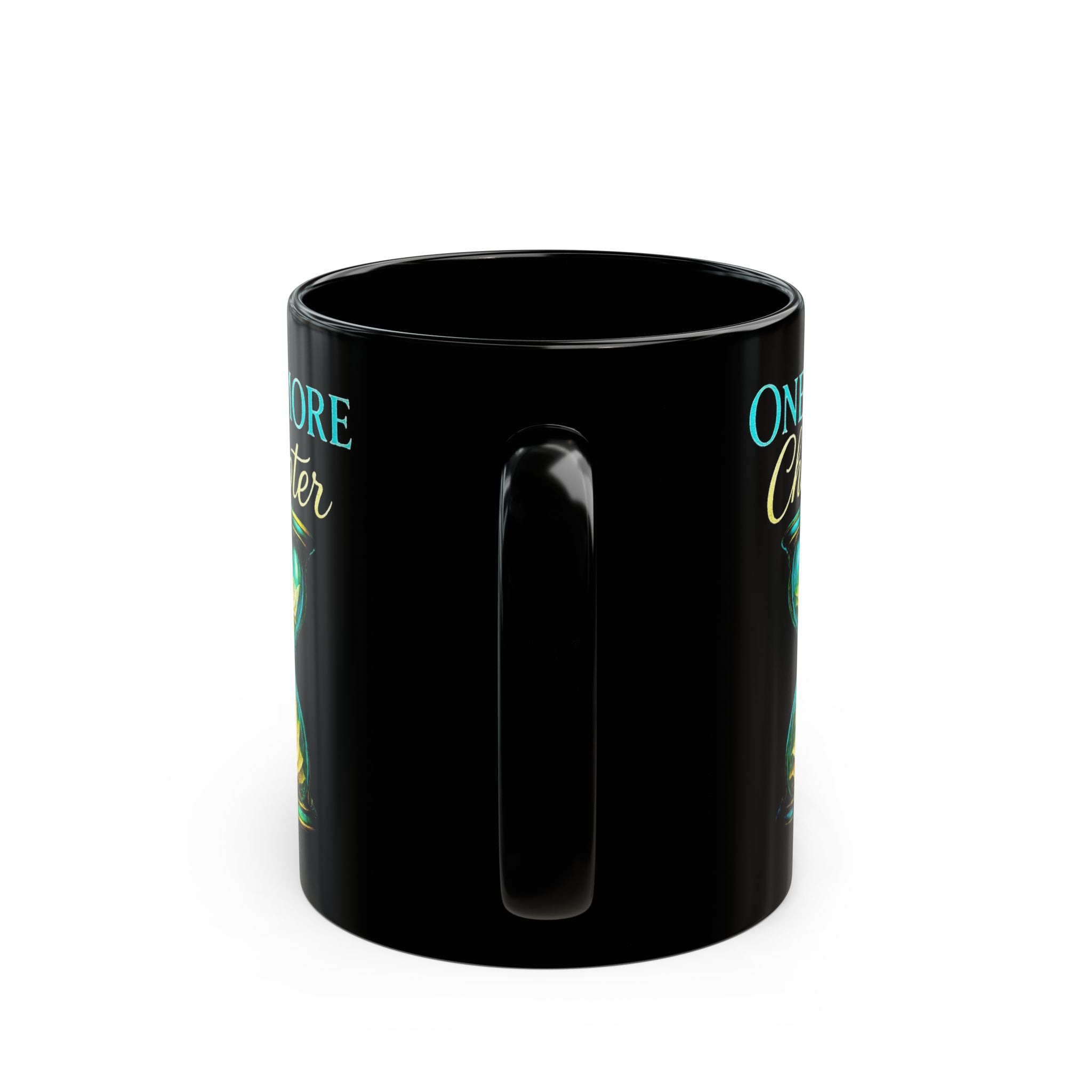 One More Chapter Book Lover Mug — Black Ceramic Coffee Cup with Hourglass Design