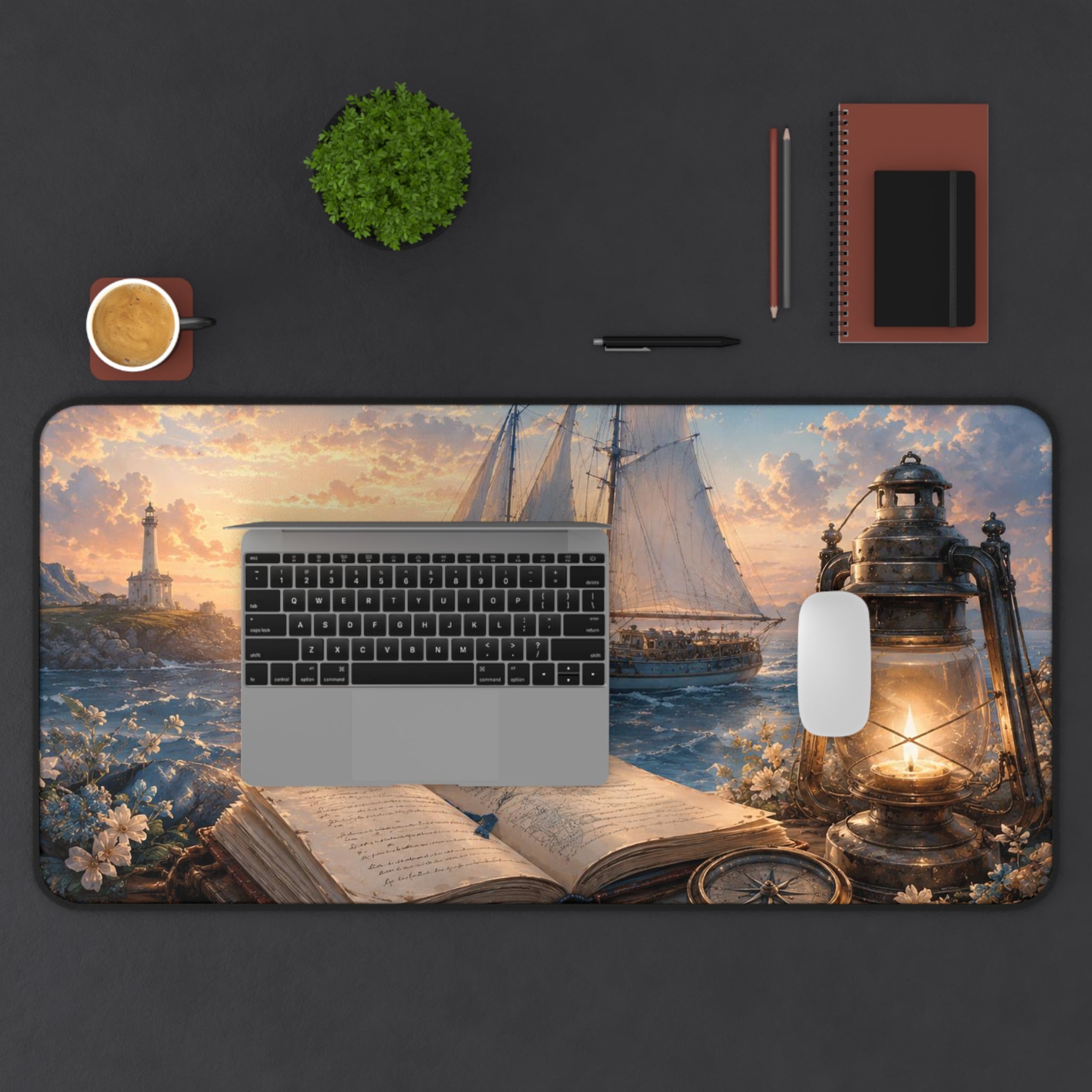 Nautical Sunset Desk Mat — Vintage Sailboat, Lantern & Open Book Coastal Mousepad