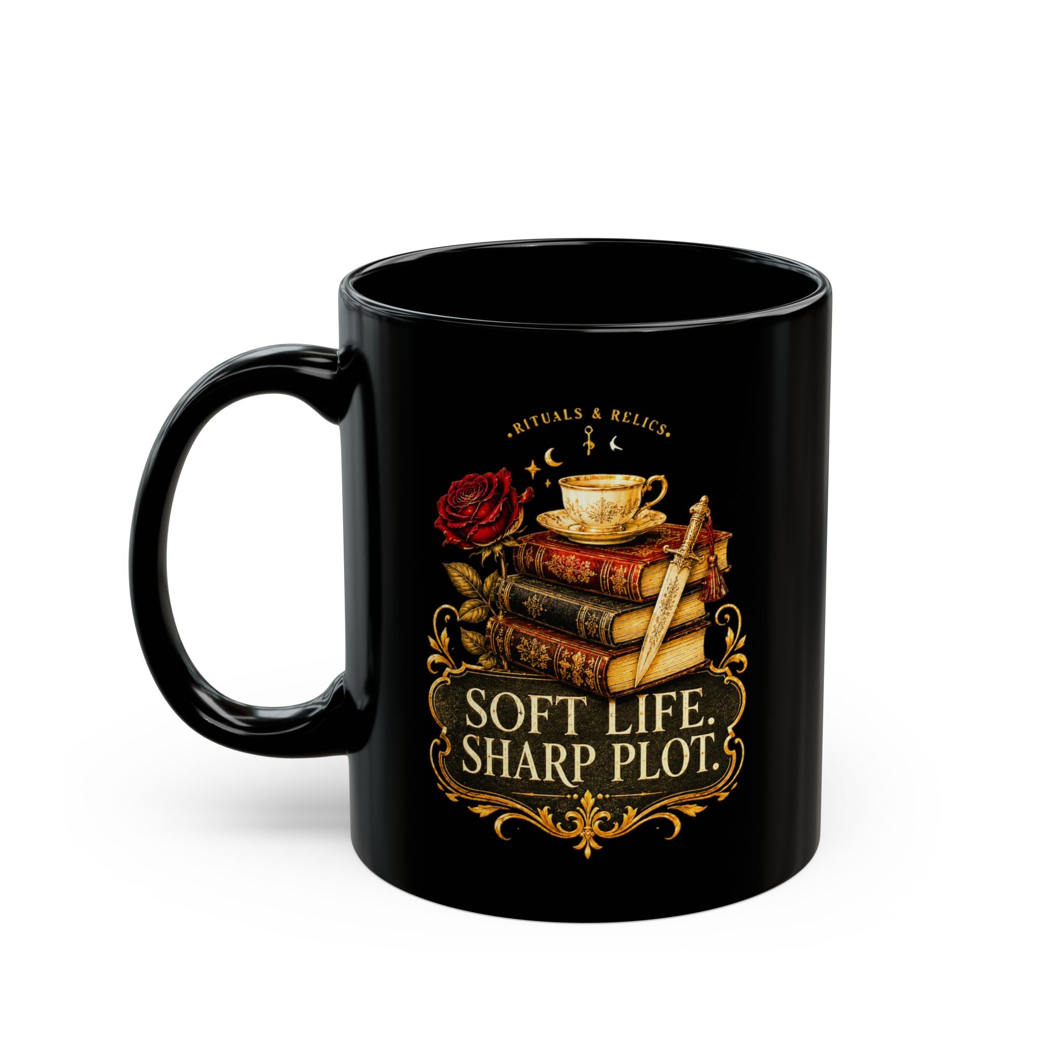 Soft Life, Sharp Plot Mug — Literary Coffee Cup with Books, Tea & Rose Design
