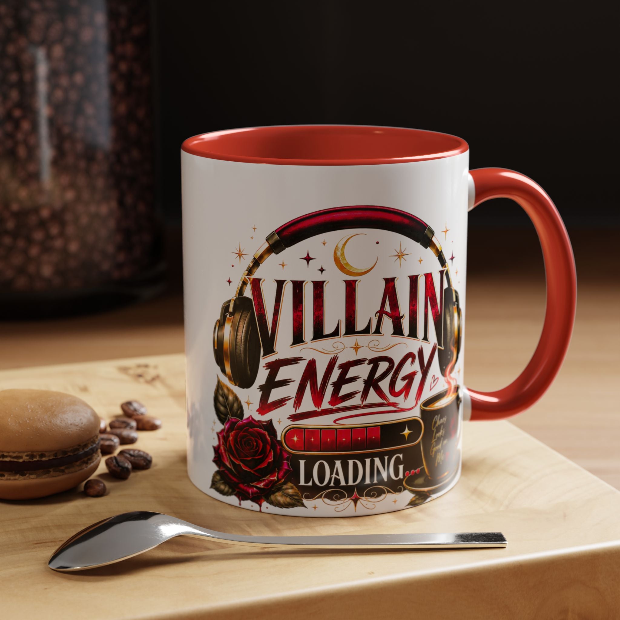 Villain Energy Accent Coffee Mug — 'Villain Energy Loading' Gothic Rose Coffee Cup (11/15 oz)