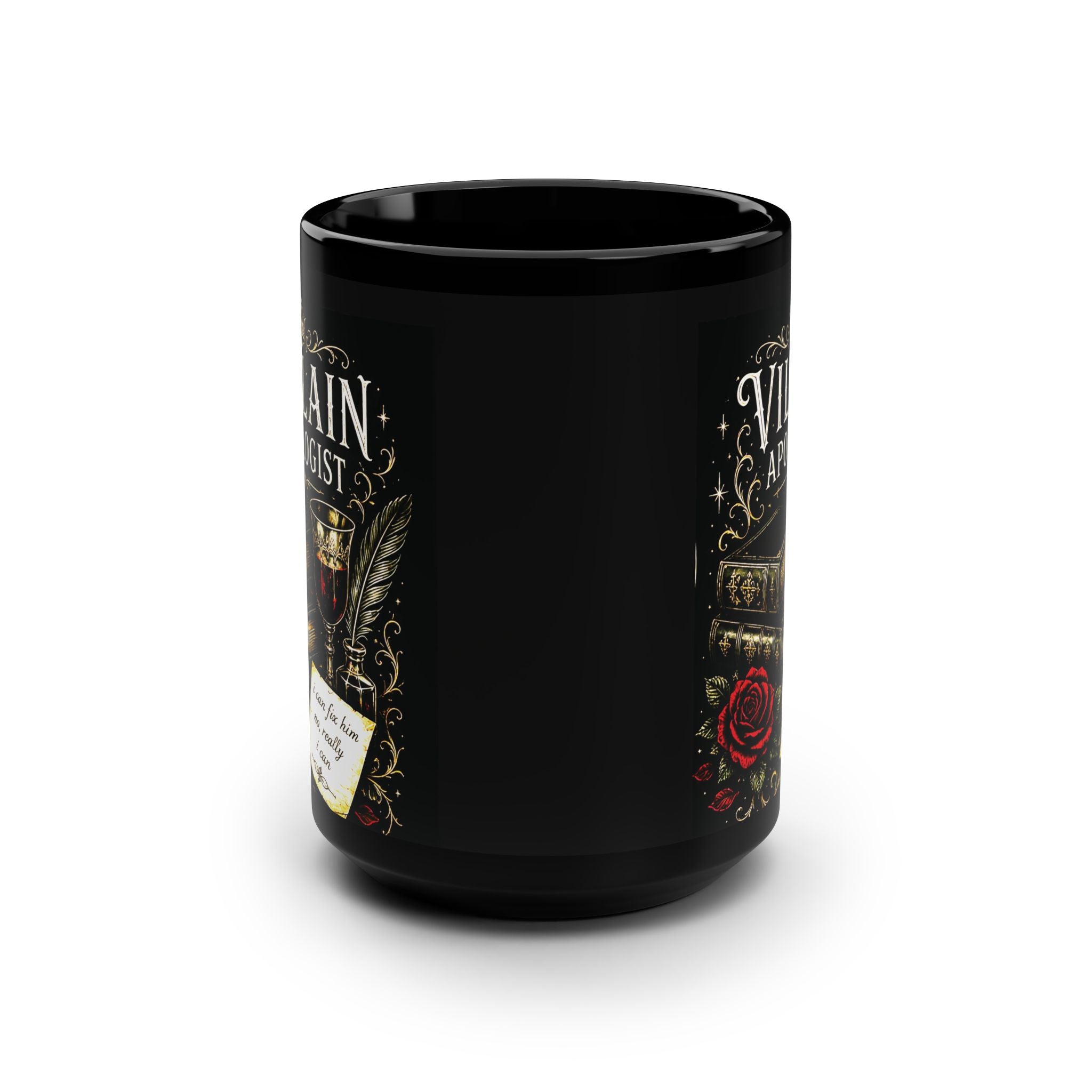 Villain Apologist 15oz Black Coffee Mug – Gothic Rose, Books & Wine Design