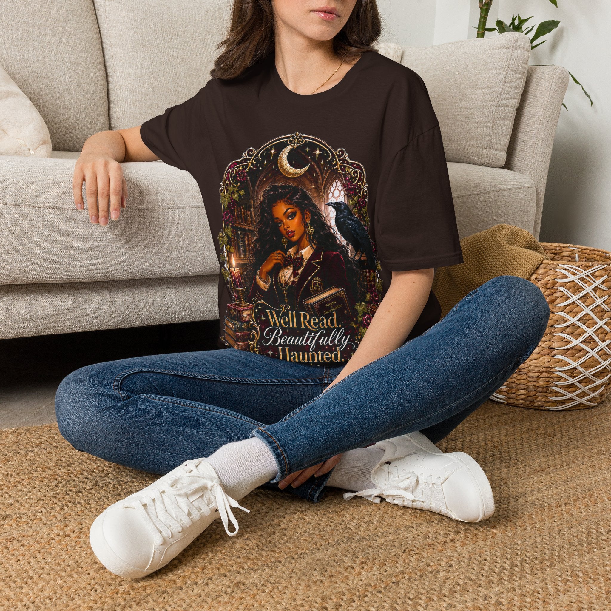 Witchy Moon T-Shirt — 'Well Read, Beautifully Haunted' Gothic Raven Tee