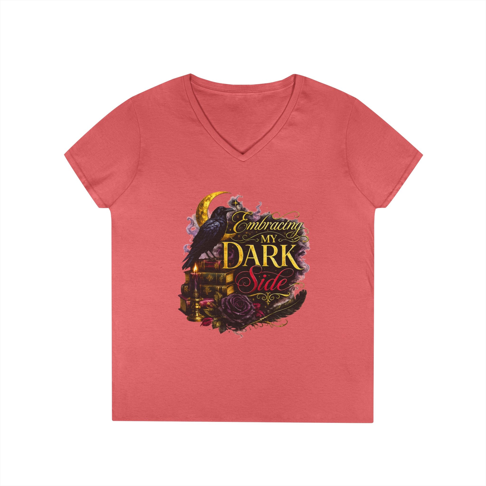 Embracing My Dark Side Ladies' V-Neck T-Shirt — Gothic Raven Moon Graphic Tee