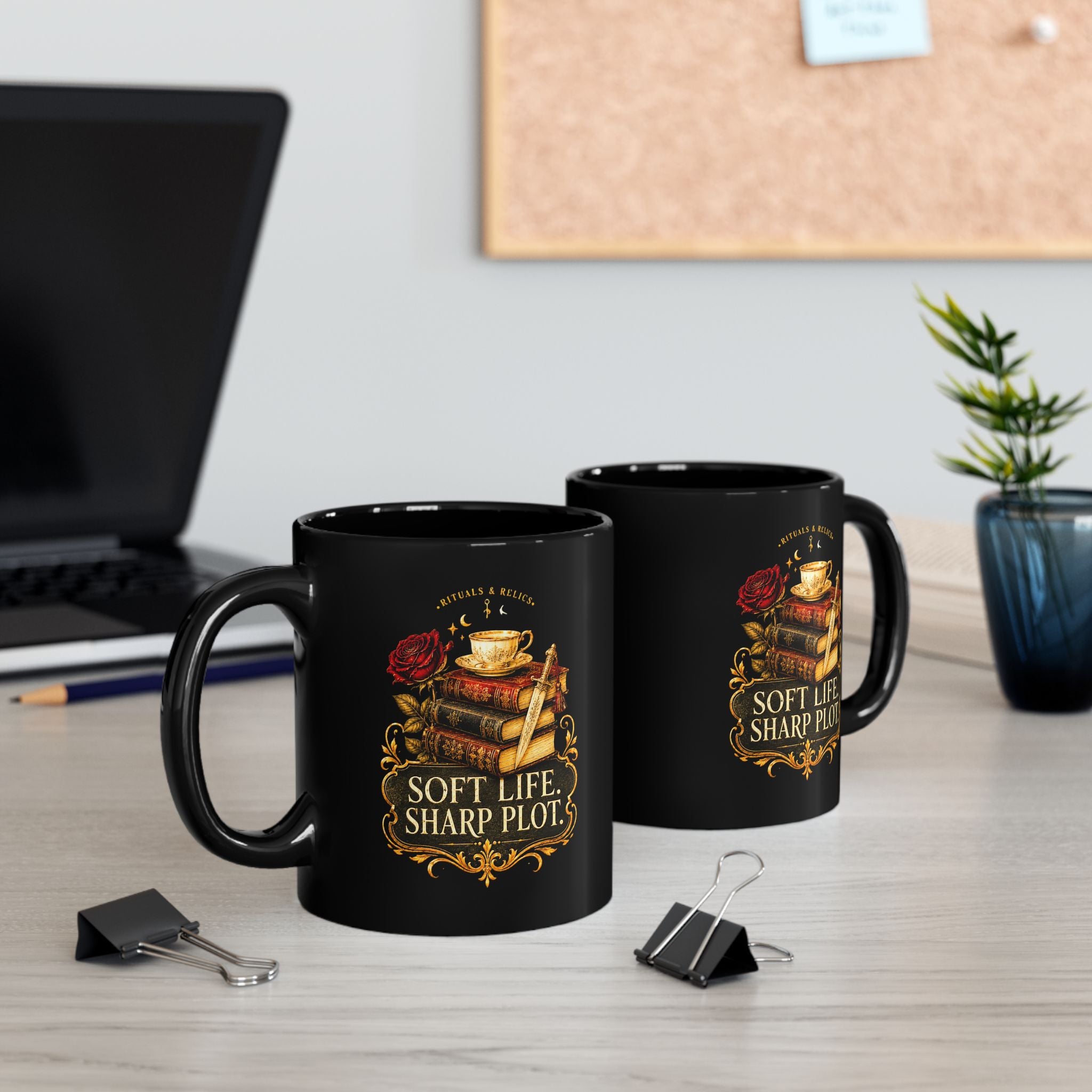 Soft Life, Sharp Plot Mug — Literary Coffee Cup with Books, Tea & Rose Design