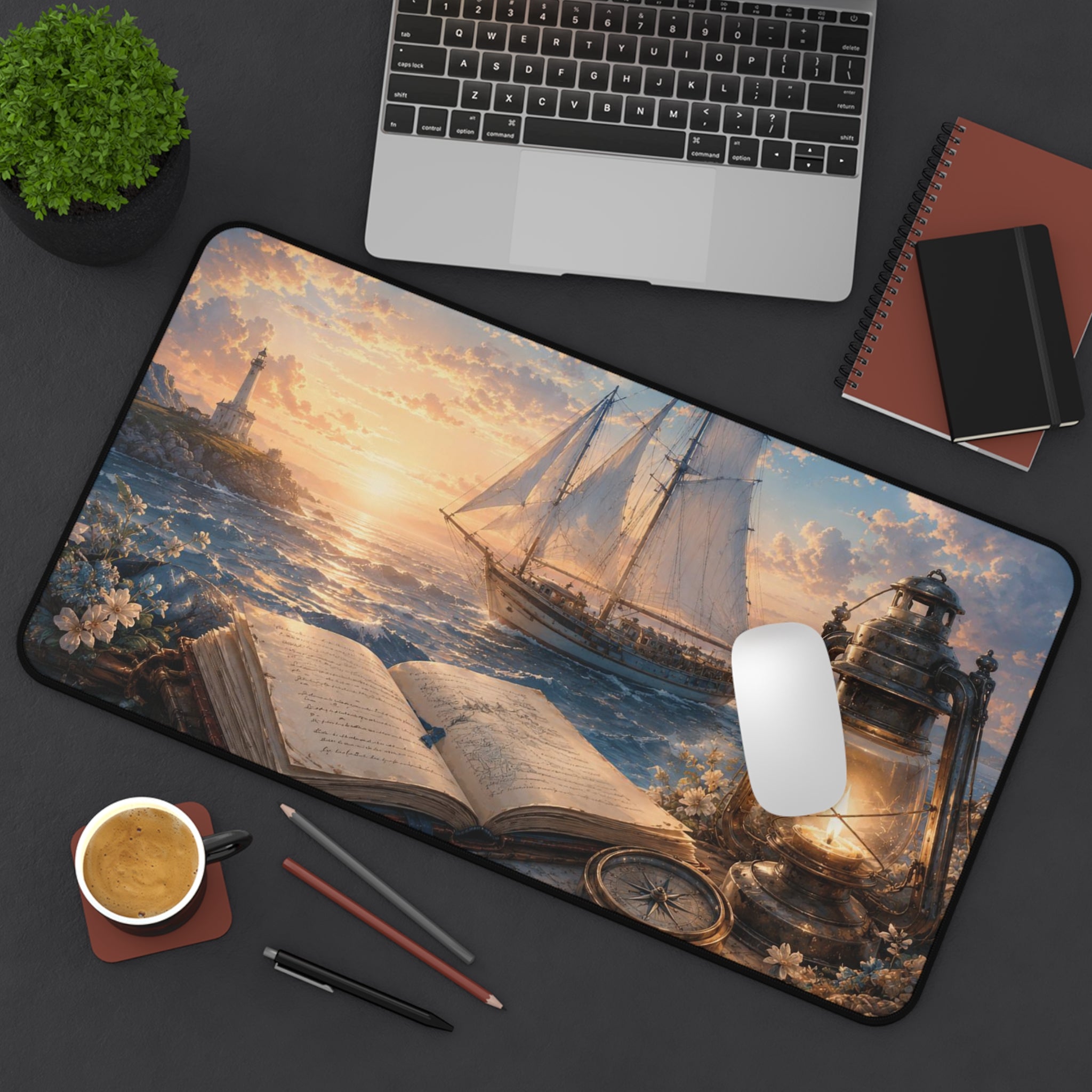 Nautical Sunset Desk Mat — Vintage Sailboat, Lantern & Open Book Coastal Mousepad