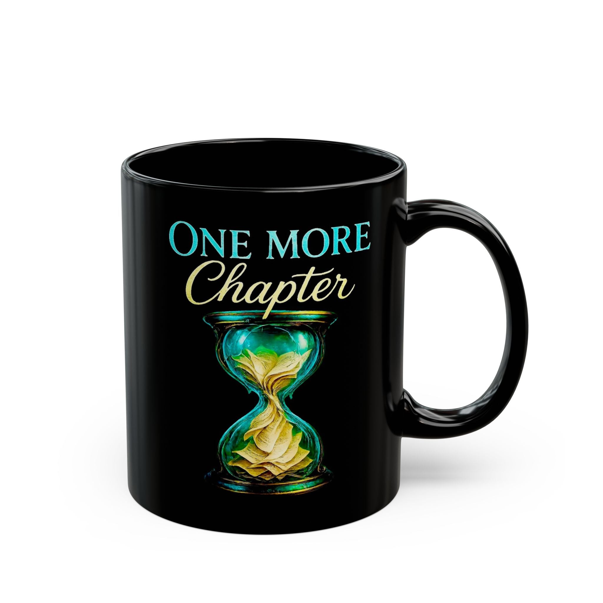 One More Chapter Book Lover Mug — Black Ceramic Coffee Cup with Hourglass Design