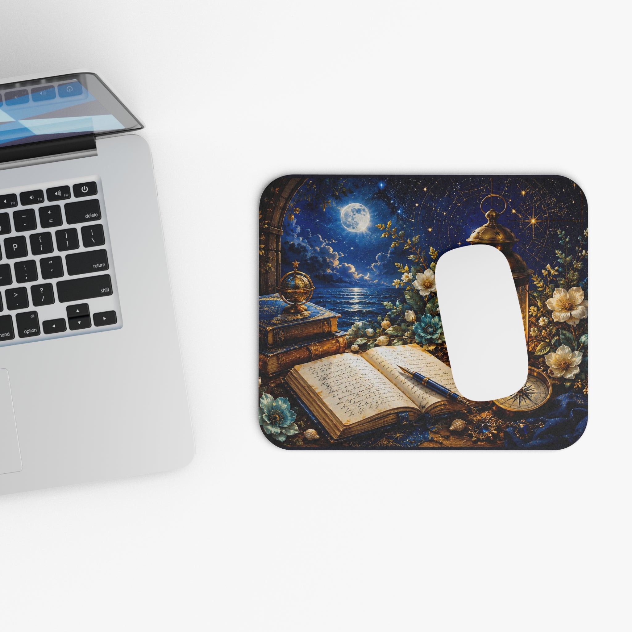 Enchanted Night Desk Mouse Pad — Lantern, Compass & Open Journal Design