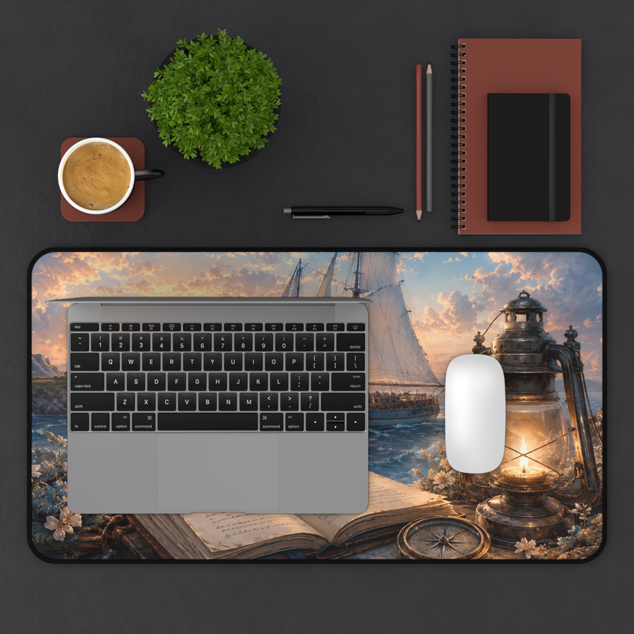 Nautical Sunset Desk Mat — Vintage Sailboat, Lantern & Open Book Coastal Mousepad