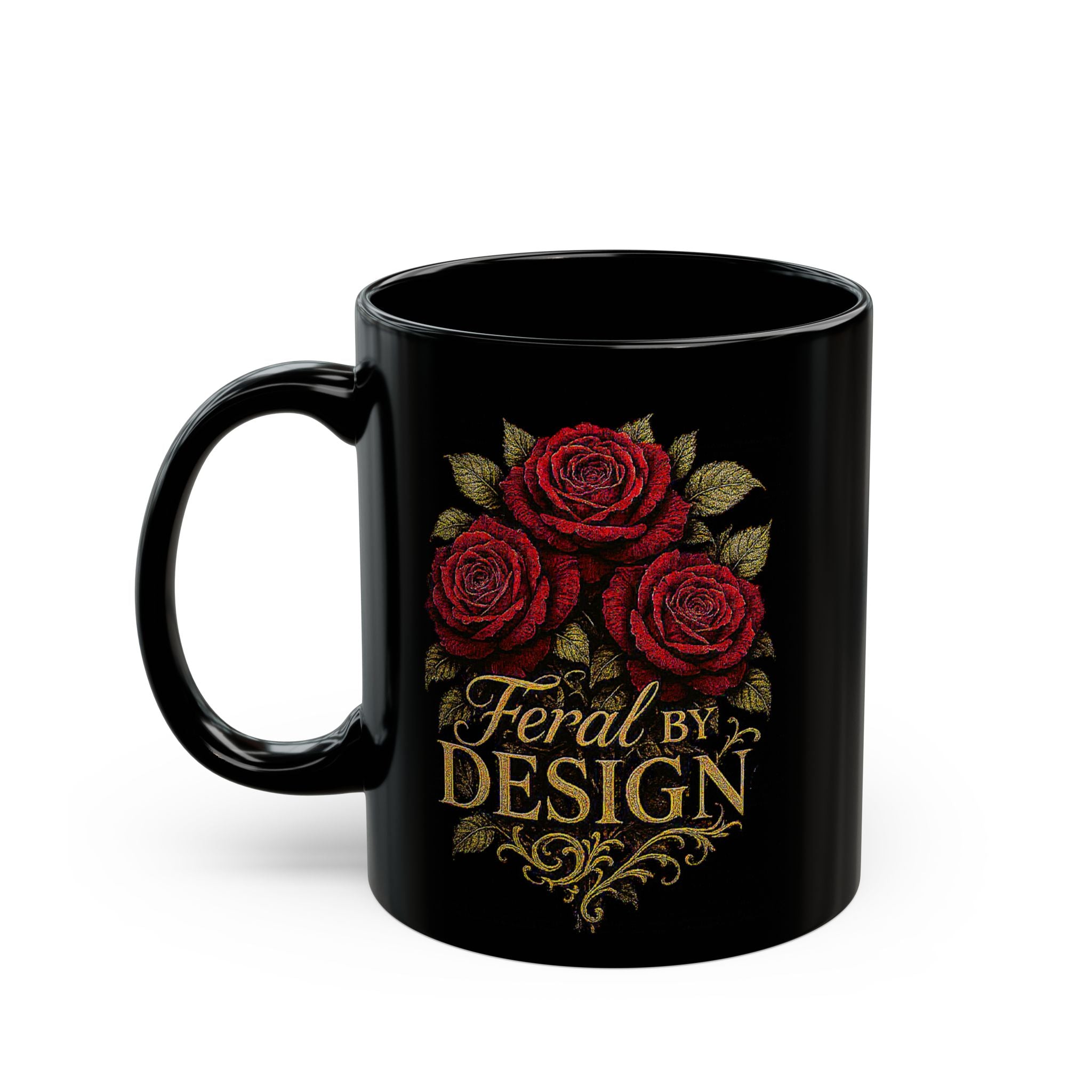Feral by Design Black Coffee Mug – Red Rose Gothic Floral 11oz/15oz