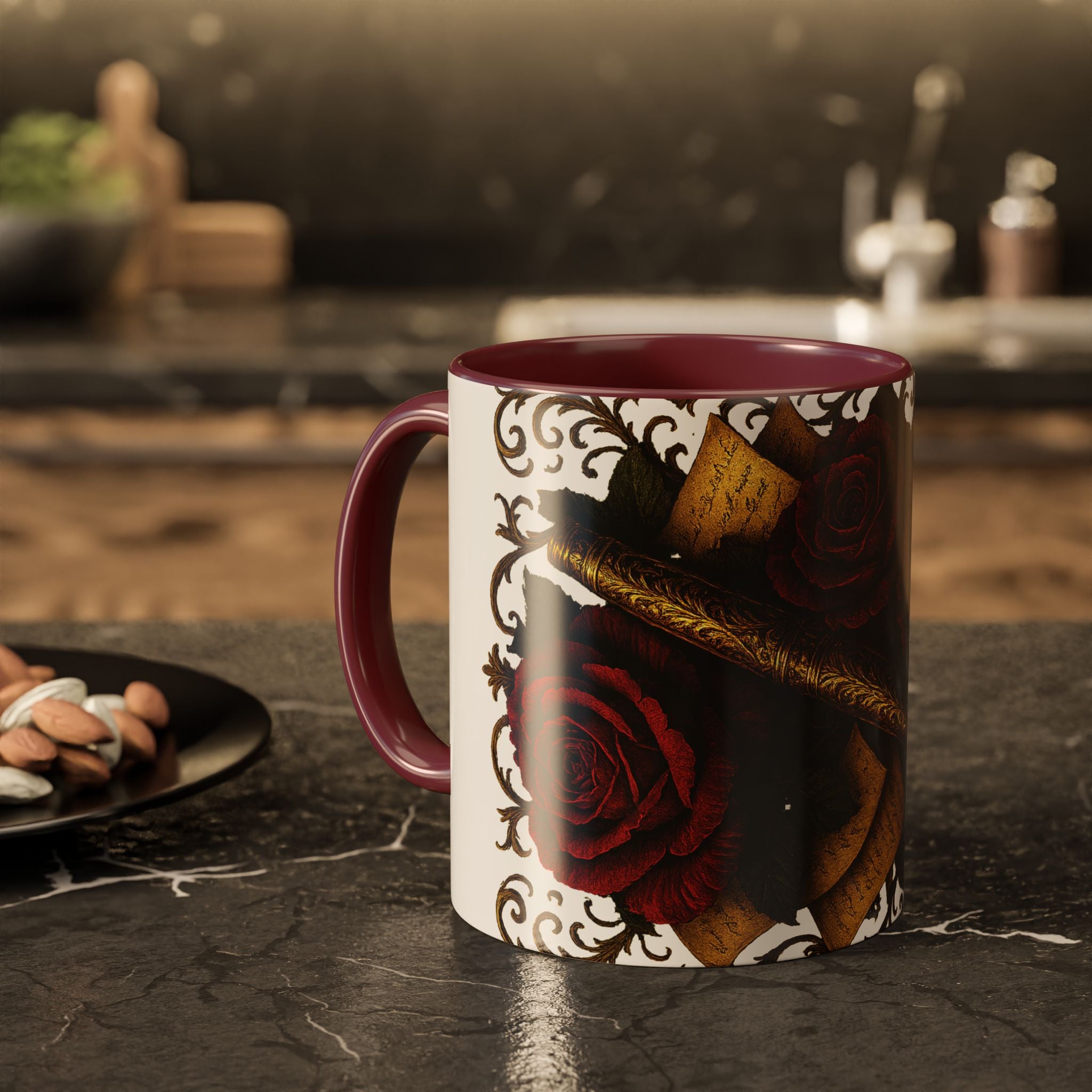 Red Rose & Quill Ceramic Mug — Gothic Floral Coffee Cup (11oz/15oz)