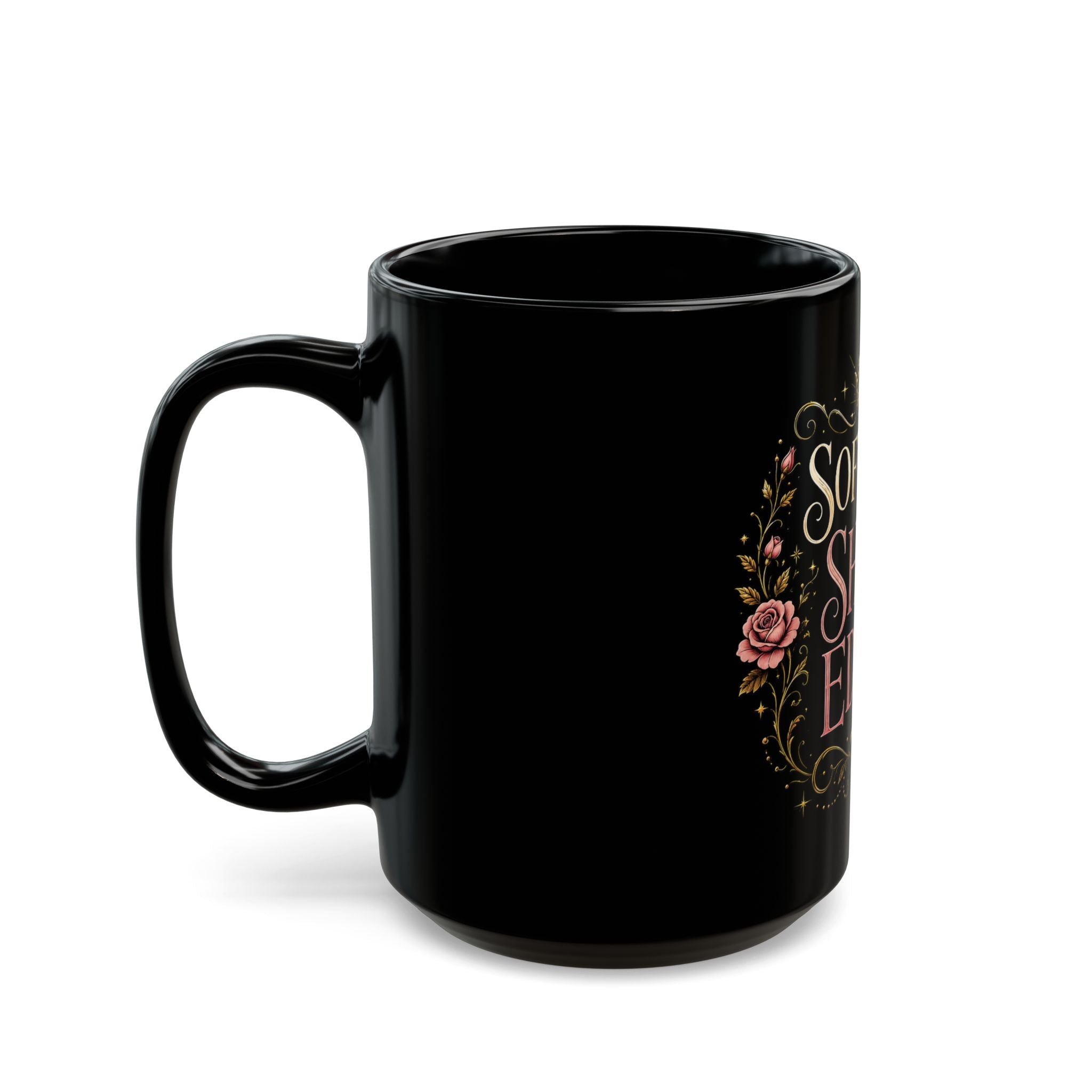 Soft Girl, Sharp Edges Black Mug — Floral Crown Gothic Coffee Cup (11oz/15oz)