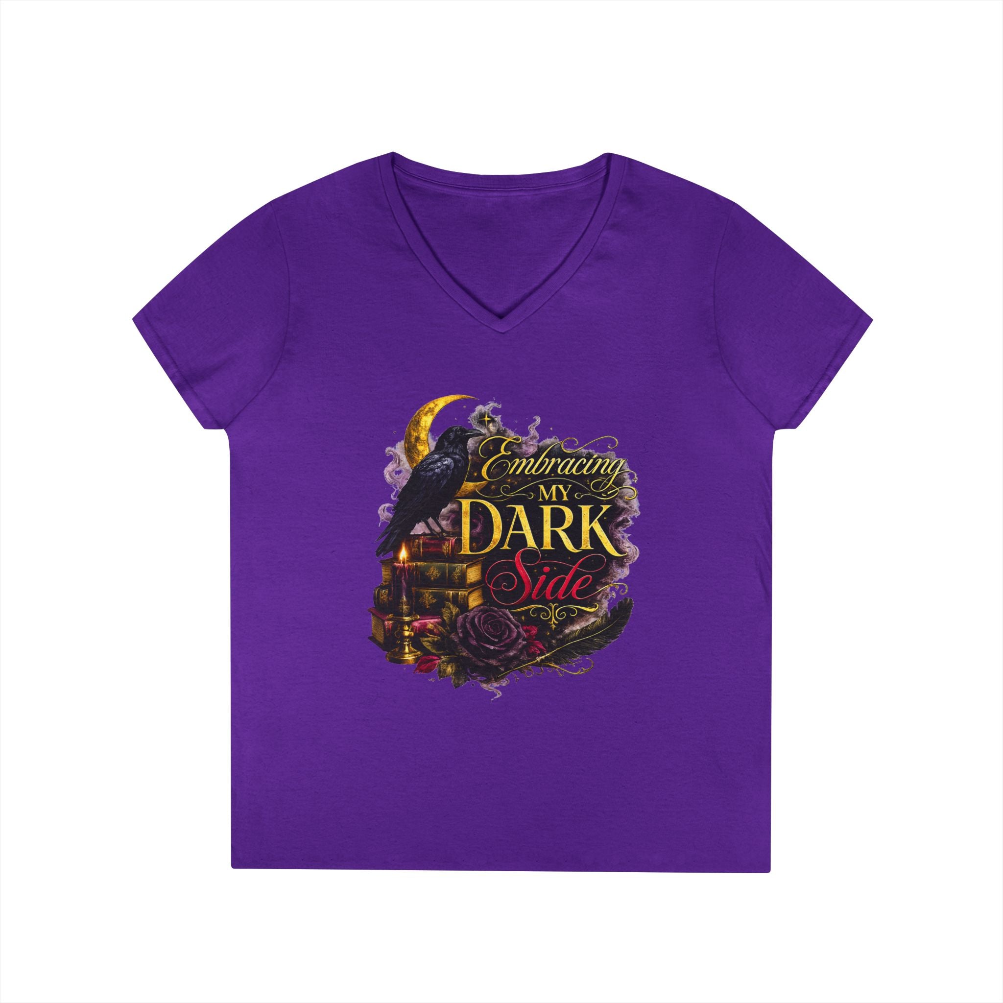 Embracing My Dark Side Ladies' V-Neck T-Shirt — Gothic Raven Moon Graphic Tee