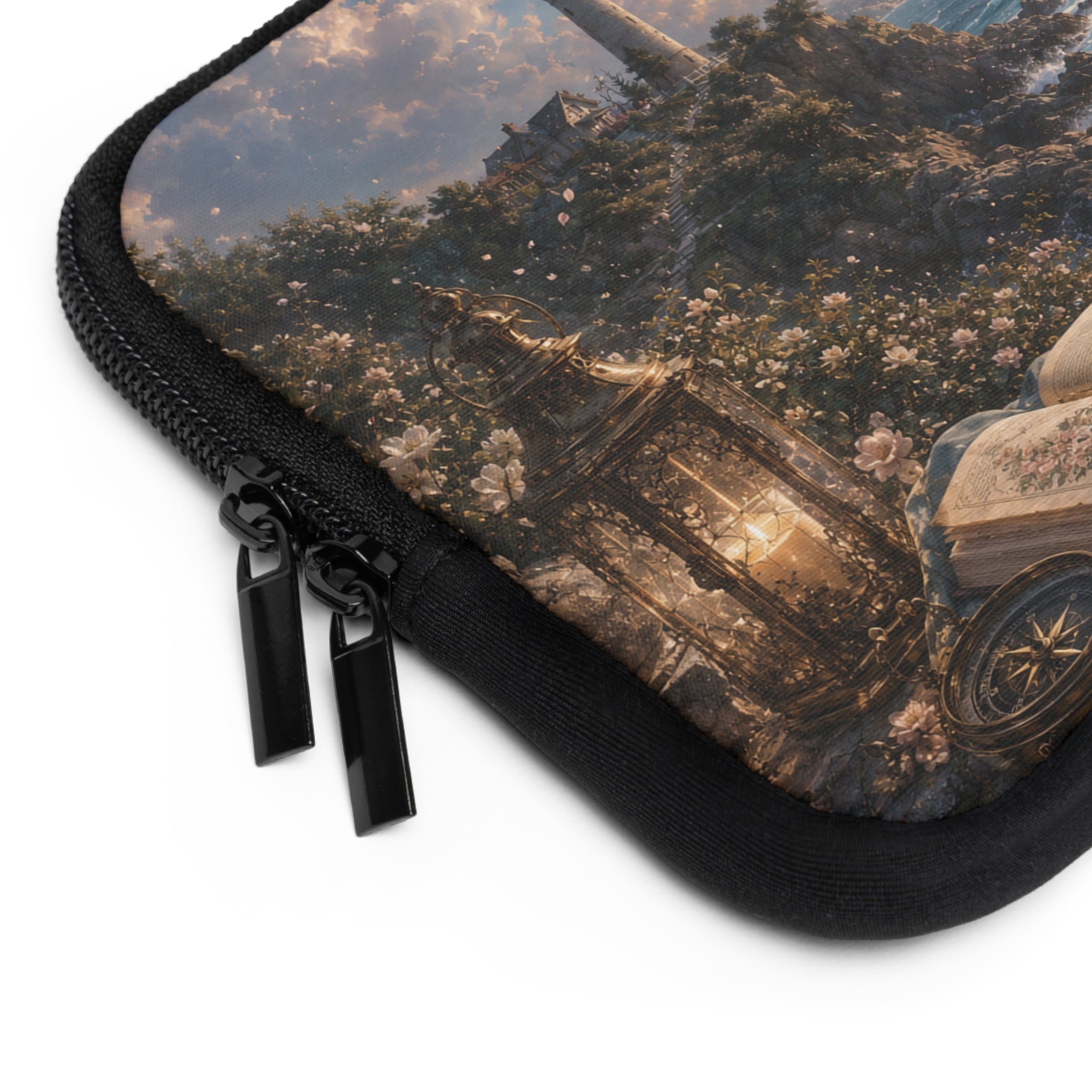 Ocean Lighthouse Laptop Sleeve — Coastal Fantasy Design with Open Book & Lantern